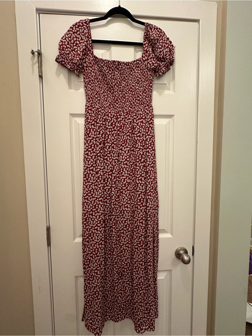 Pink Lily Red Floral Smocked Maxi with Puff Sleeves